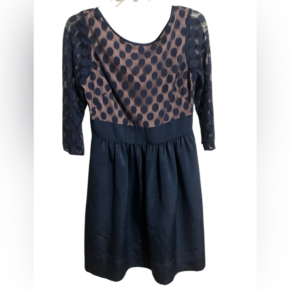 Eliza J Party Cocktail Lined Dot Mesh Bodice Fit & Flare Navy‎ Zip Back Dress 8